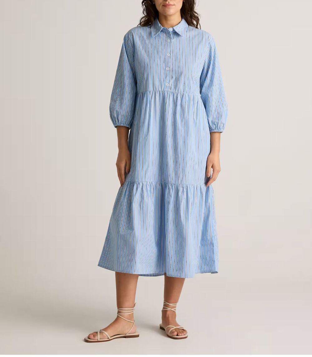 Quince 100% Organic Cotton Poplin Midi Tunic Dress Large Tribeca Stripe Blue